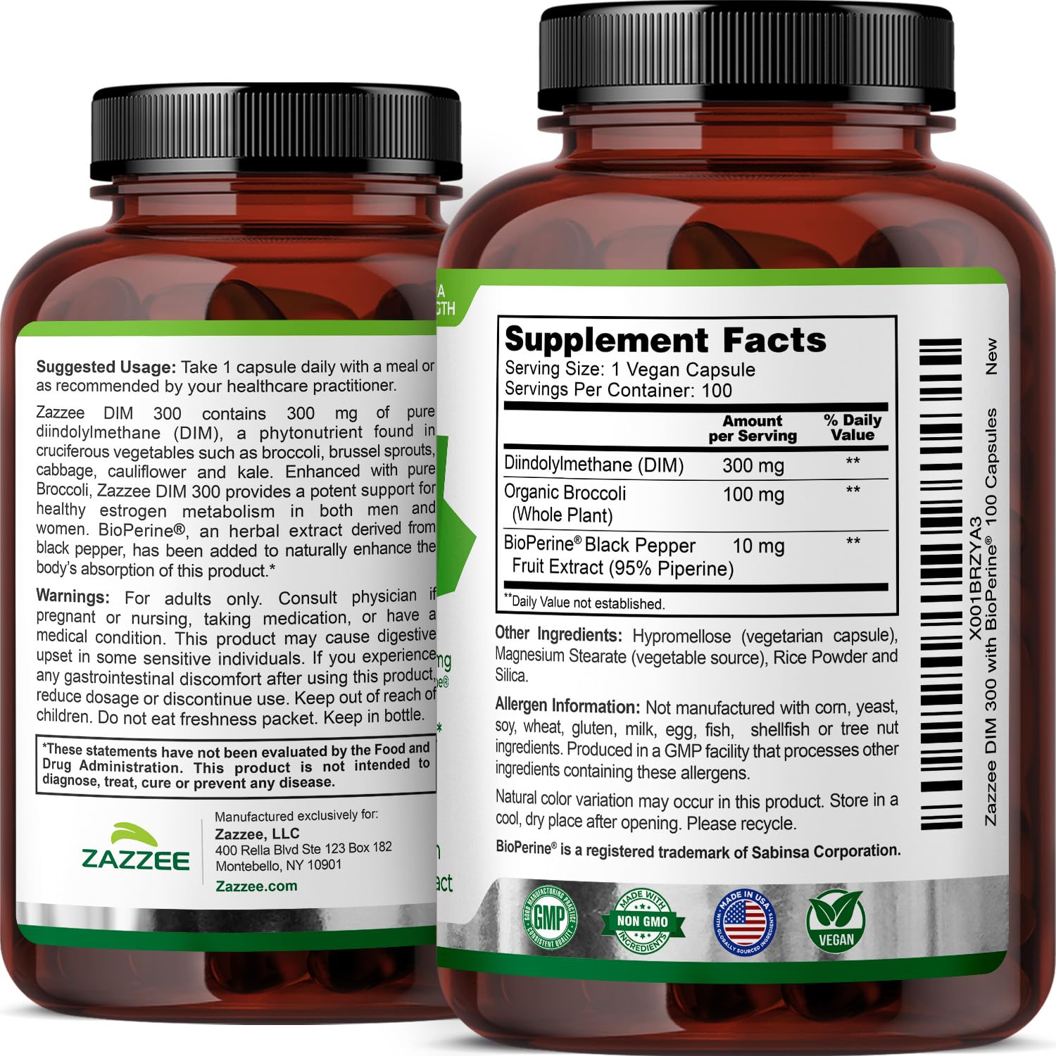 Zazzee DIM 300mg label highlights non-GMO and allergen-free ingredients