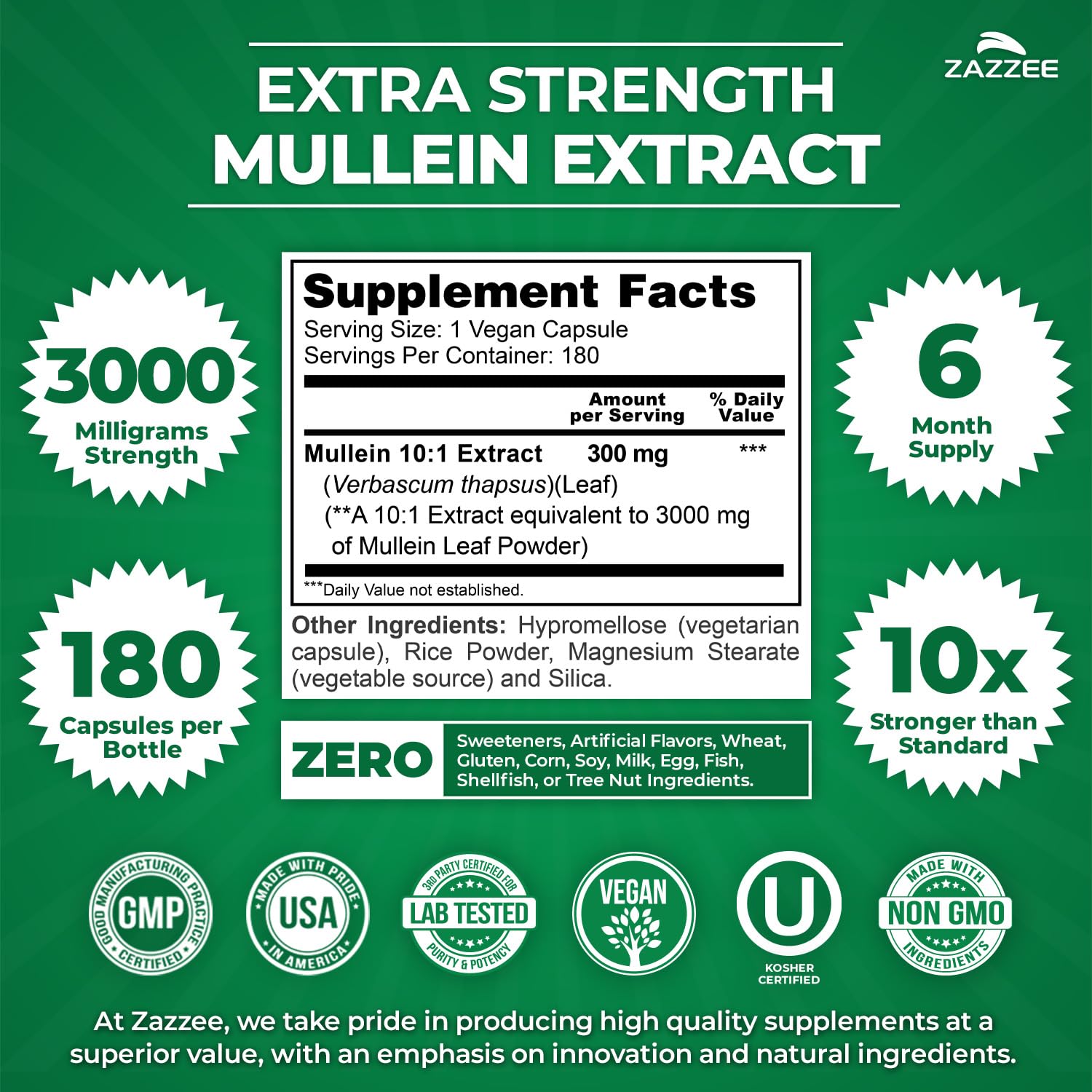 Close up of Mullein extract capsules showing 3000 mg potency