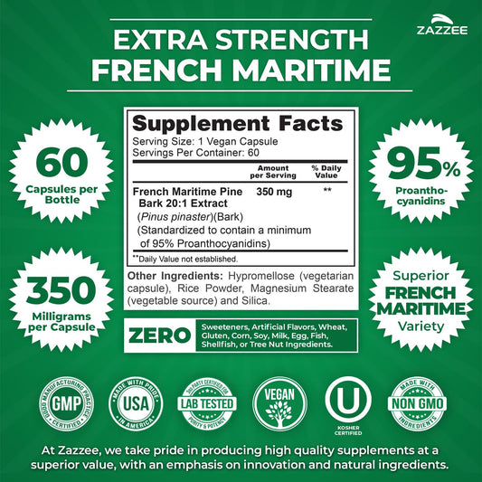 Back label showing 350mg per capsule on Zazzee Pine Bark bottle
