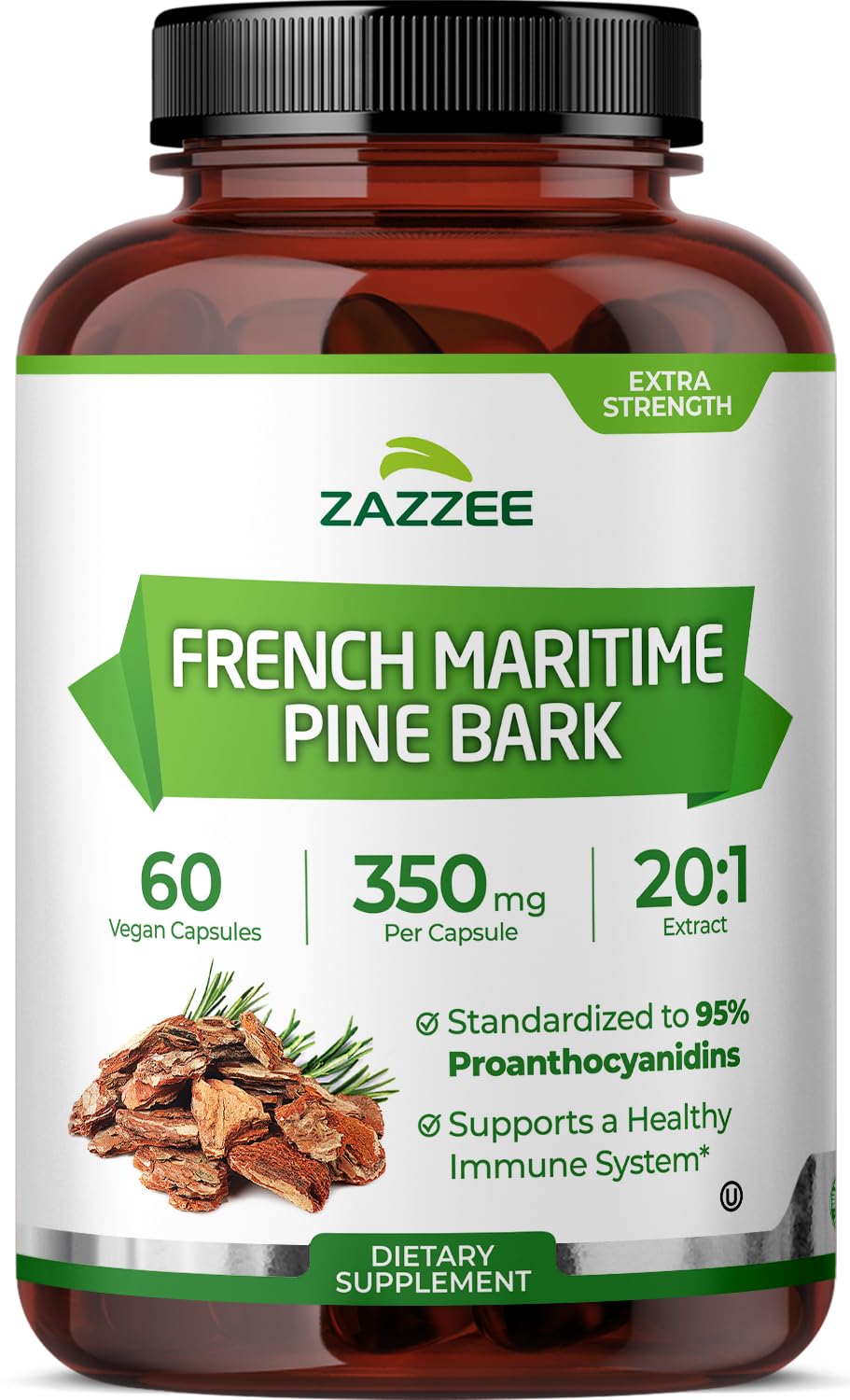 Front view of Zazzee French Maritime Pine Bark 350mg bottle with 60 vegan capsules