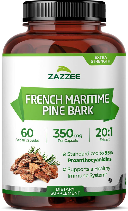 Front view of Zazzee French Maritime Pine Bark 350mg bottle with 60 vegan capsules