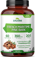 Front view of Zazzee French Maritime Pine Bark 350mg bottle with 60 vegan capsules