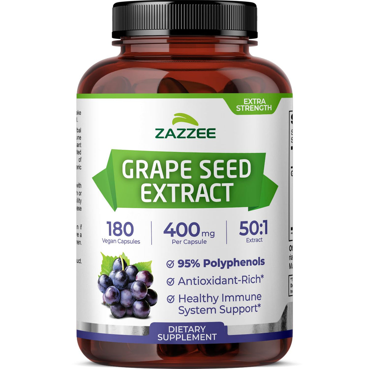 Bottle of Zazzee High Strength Grape Seed Extract 50:1 with 180 vegan capsules