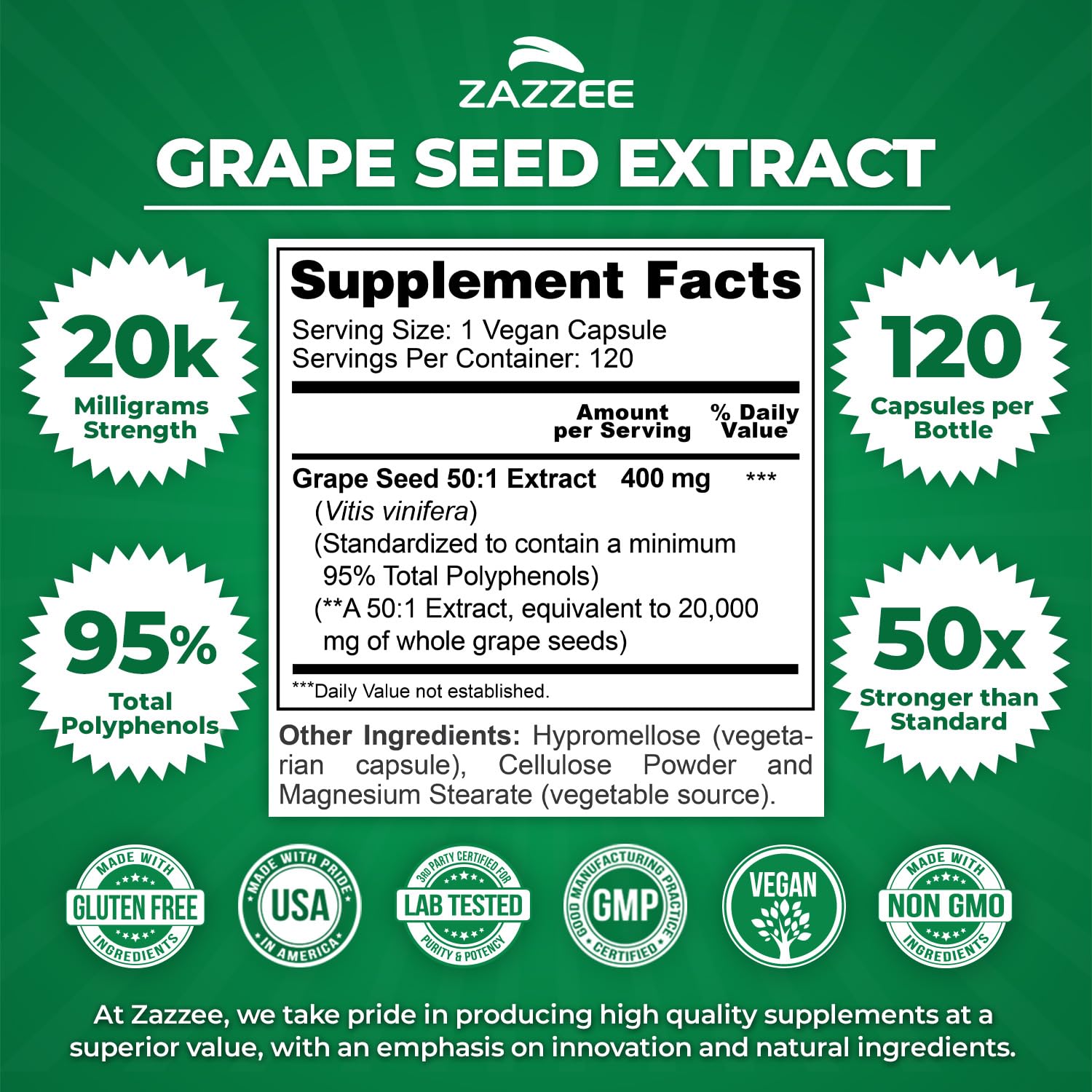 Label highlighting 95% polyphenols in Zazzee Grape Seed Extract