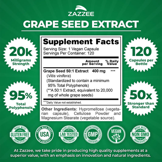 Label highlighting 95% polyphenols in Zazzee Grape Seed Extract