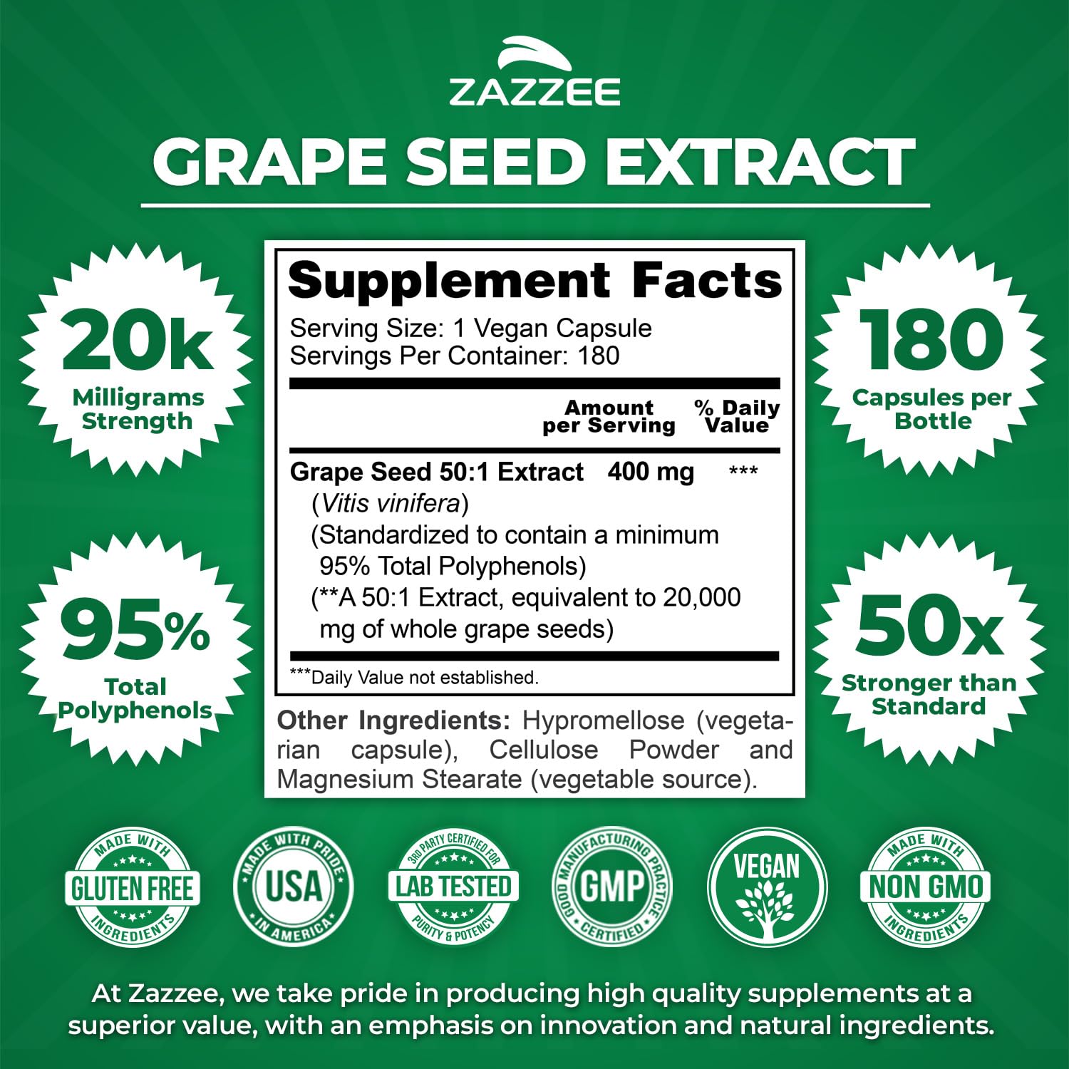 Close-up of grape seed extract bottle label showing 95% polyphenols