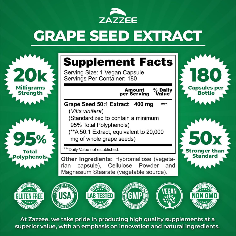 Close-up of grape seed extract bottle label showing 95% polyphenols