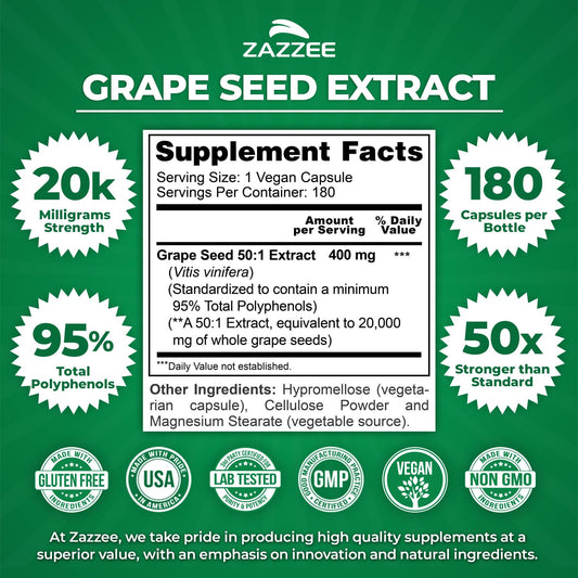 Close-up of grape seed extract bottle label showing 95% polyphenols