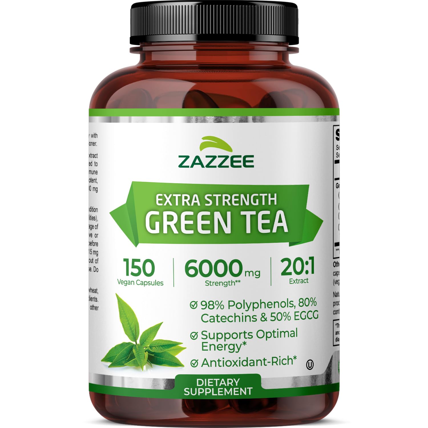 Zazzee Green Tea Extract bottle label with 6000 mg strength
