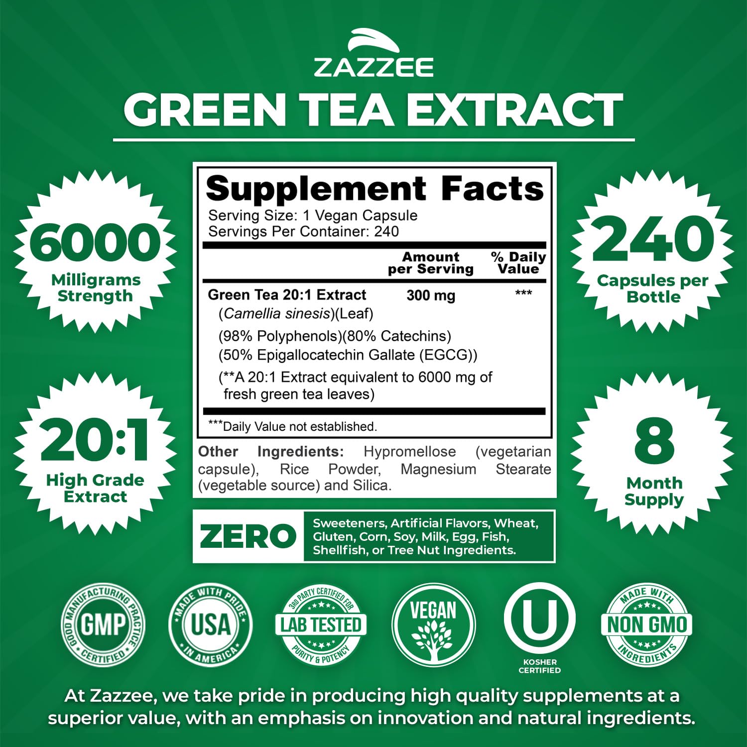 Close-up of Zazzee Green Tea Extract capsule (6000 mg)