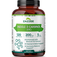 Front view of Zazzee Indole-3-Carbinol bottle with 120 vegan capsules