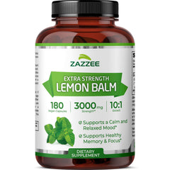 Bottle of Zazzee Organic Lemon Balm 10:1 Extract with label