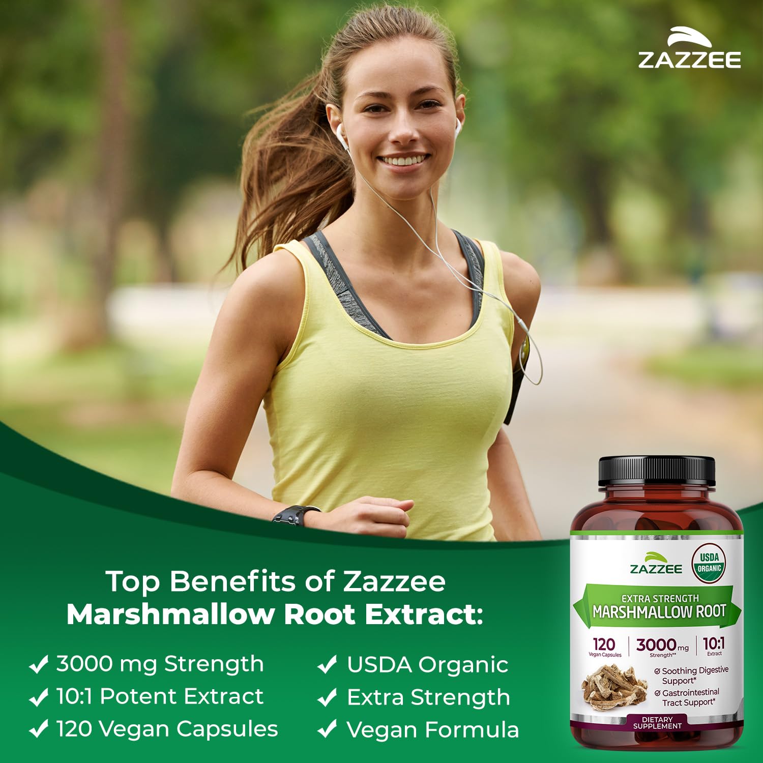Close-up of 3000 mg marshmallow root extract capsules