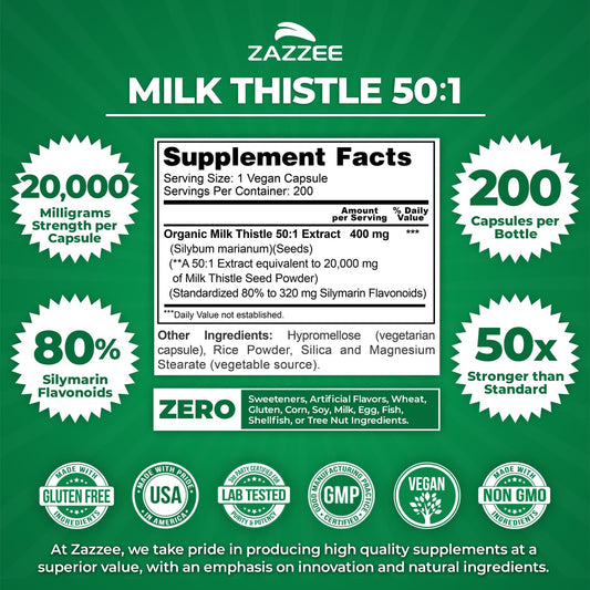 Close-up of Milk Thistle 50:1 Extract bottle showing 200 capsules