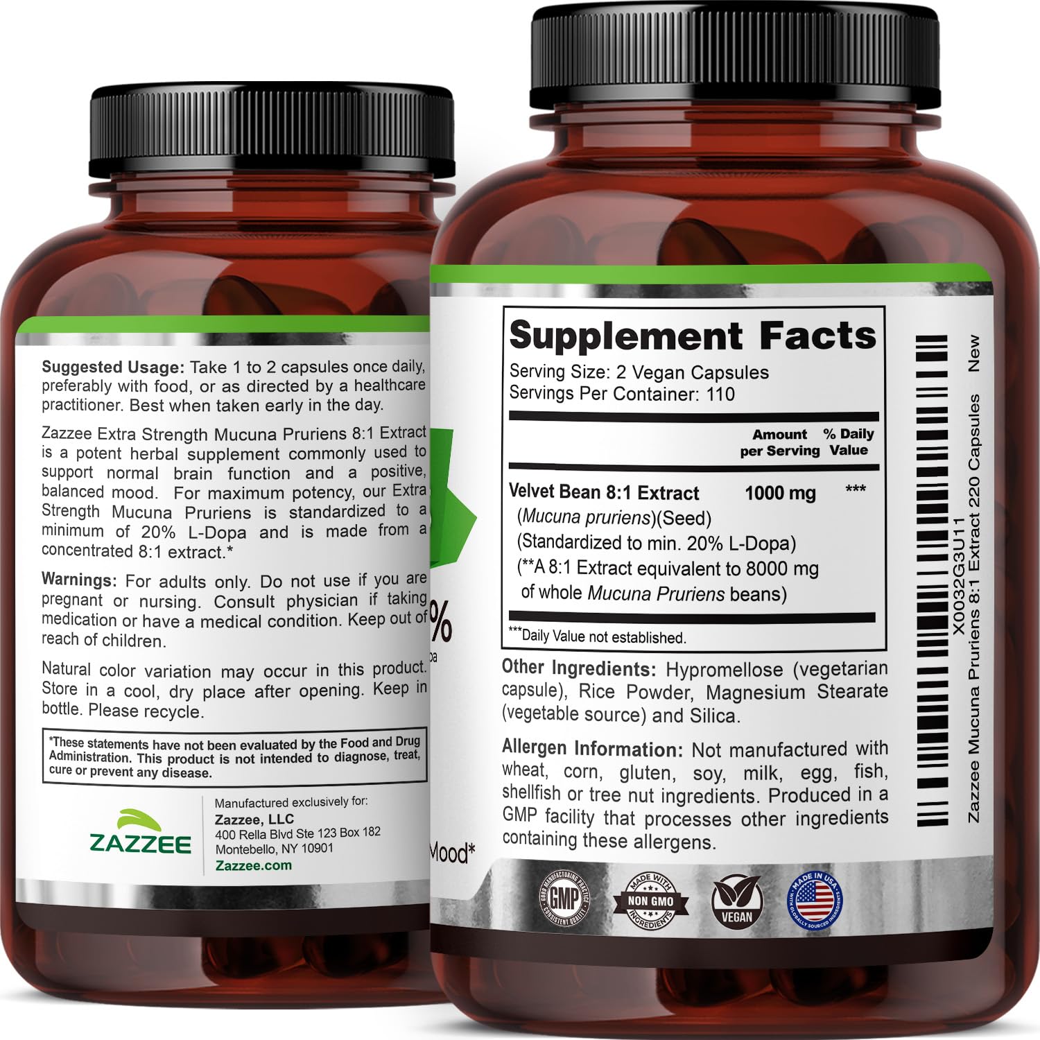 Label indicating 20% L-DOPA standardization for Mucuna Pruriens extract