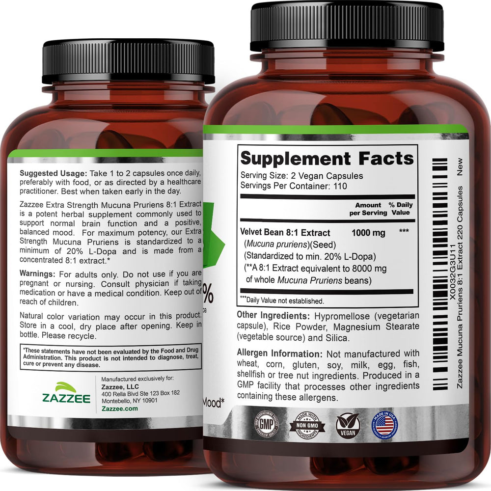 Label indicating 20% L-DOPA standardization for Mucuna Pruriens extract