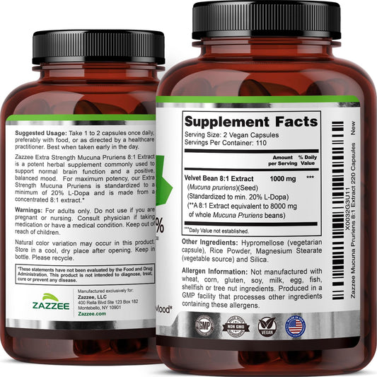 Label indicating 20% L-DOPA standardization for Mucuna Pruriens extract