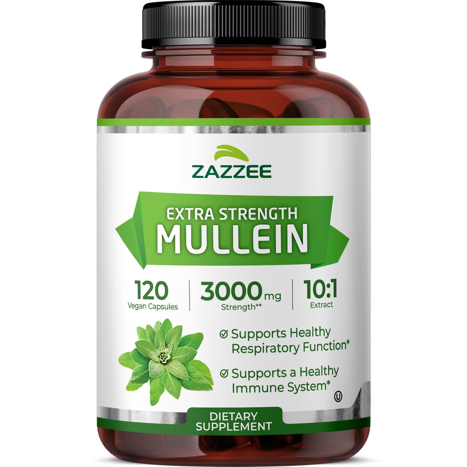 Front view of Zazzee Extra Strength Mullein bottle with 120 vegan capsules