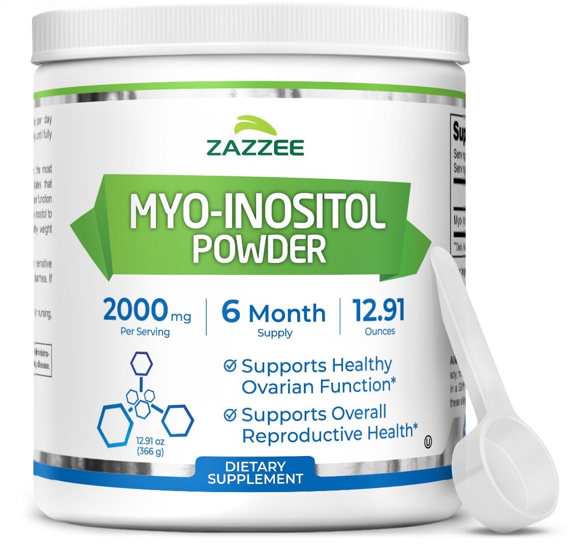 Zazzee Myo-Inositol bottle front with scoop showing exact 2000 mg serving for routine fertility care