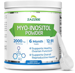 Zazzee Myo-Inositol bottle front with scoop showing exact 2000 mg serving for routine fertility care