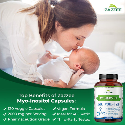 Label on Zazzee Myo-Inositol Capsules bottle showing 2000 mg per serving and 120 capsules