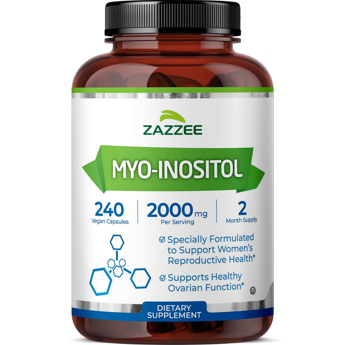 Front view of Zazzee Myo-Inositol Capsules bottle showing 2000 mg per serving and 240 capsules.