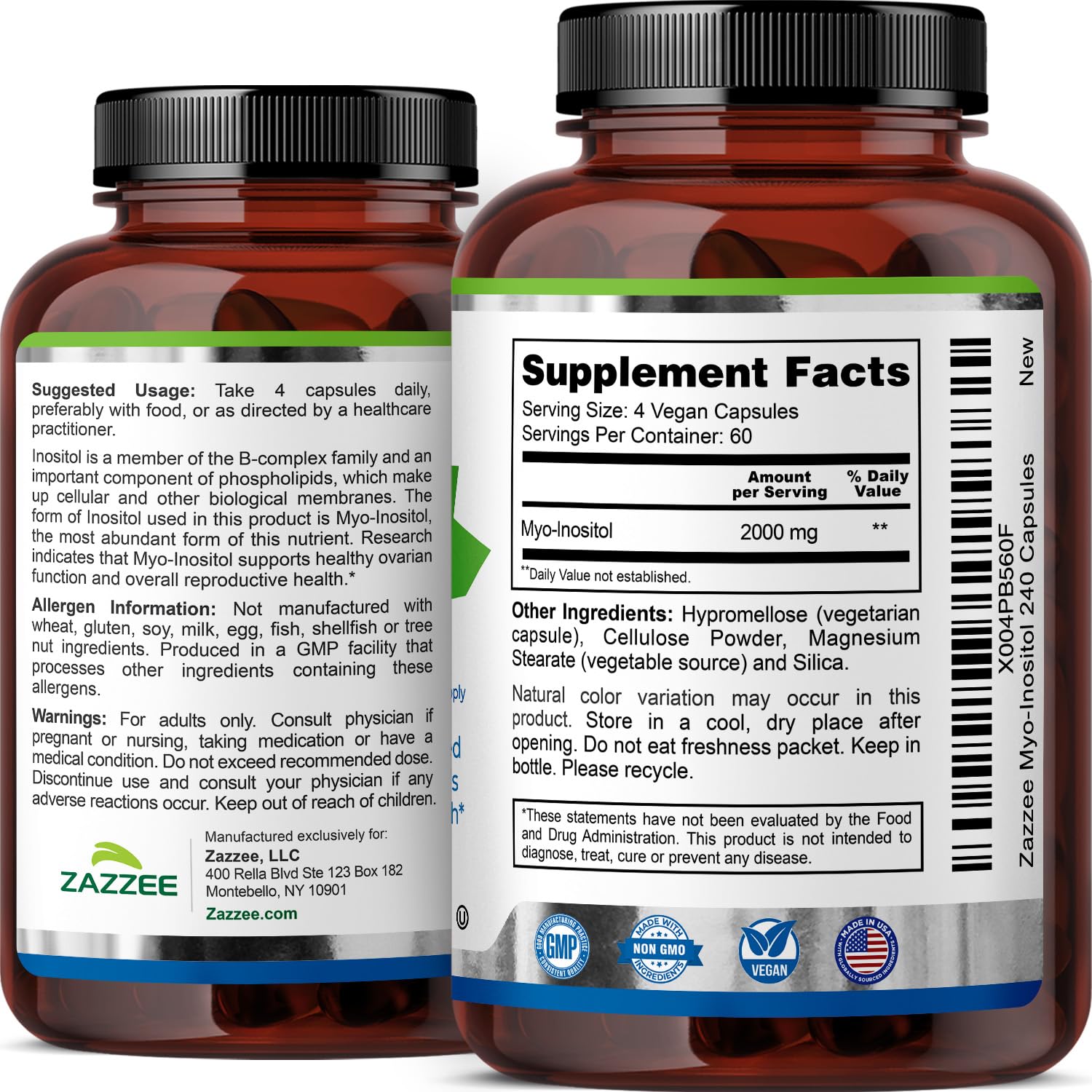 Brand label and nutrition facts for Zazzee Myo-Inositol.