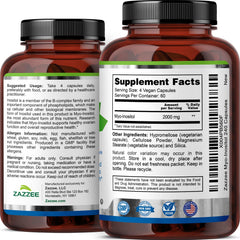 Brand label and nutrition facts for Zazzee Myo-Inositol.
