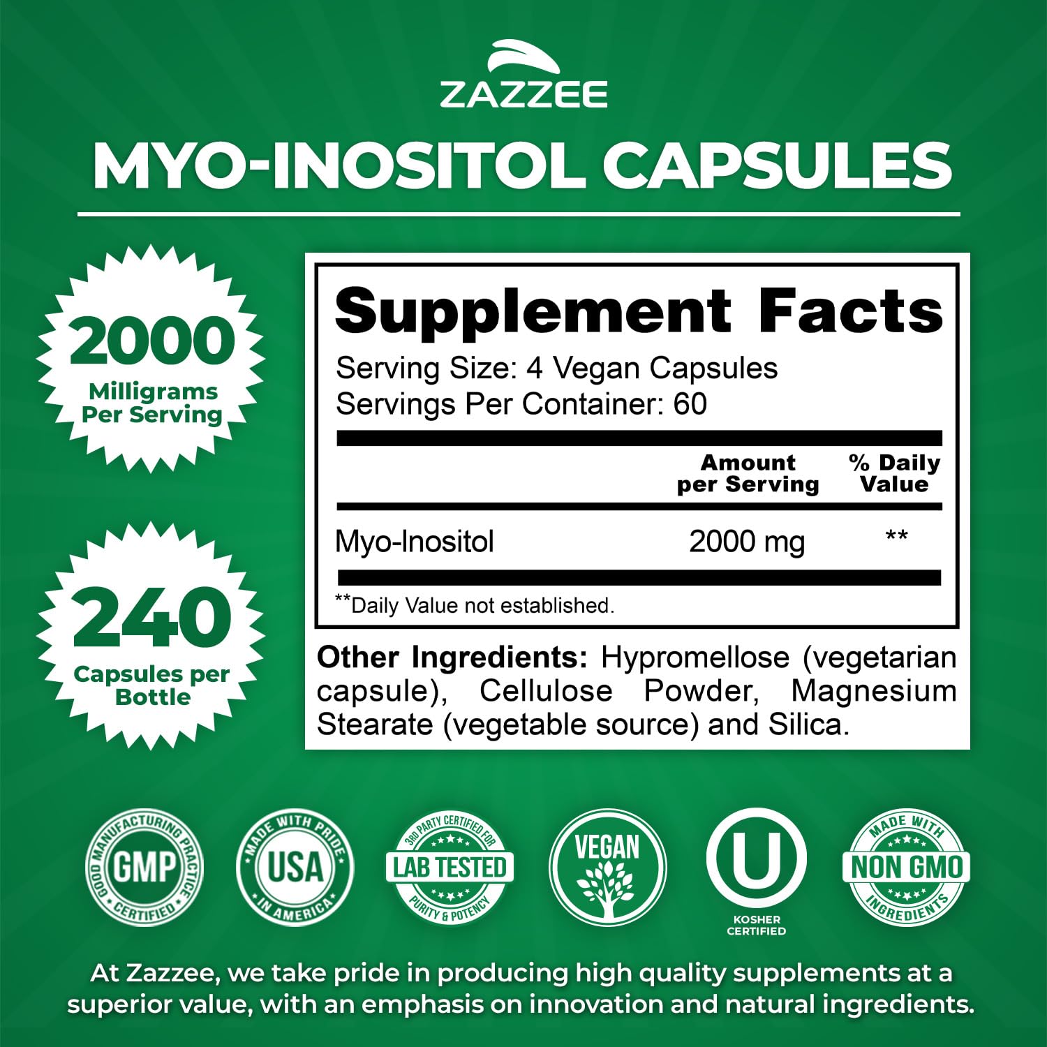 Label showing 40:1 Myo-Inositol to D-Chiro Inositol ratio for fertility support.