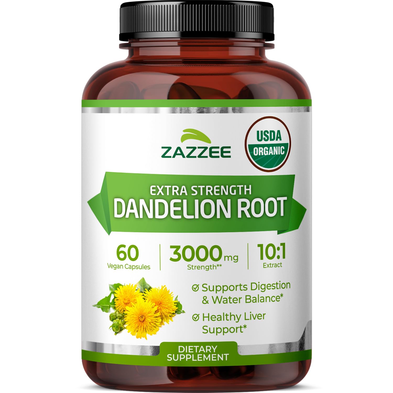Zazzee Organic Dandelion Root 10:1 Extract bottle with 60 capsules, 3000 mg per capsule