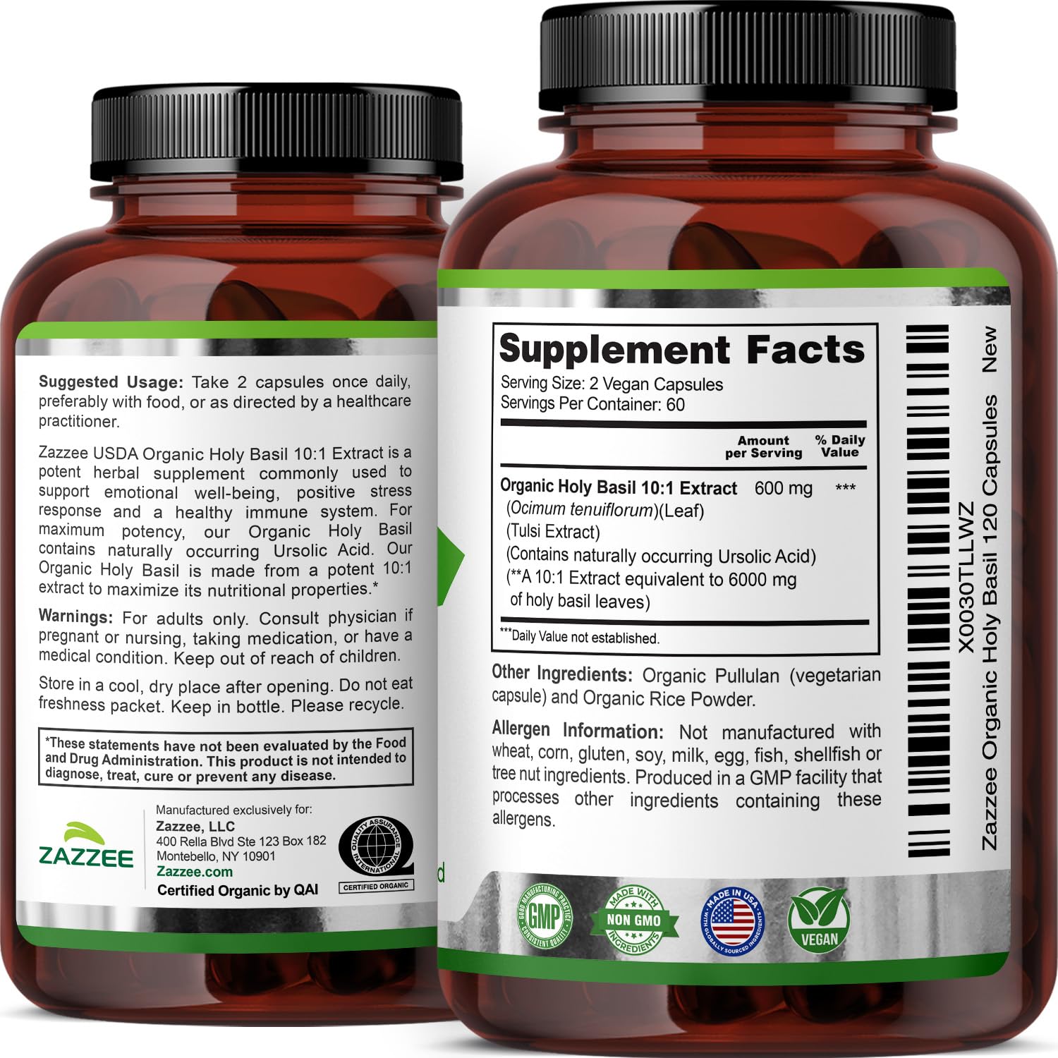 Front view of Zazzee Organic Holy Basil bottle