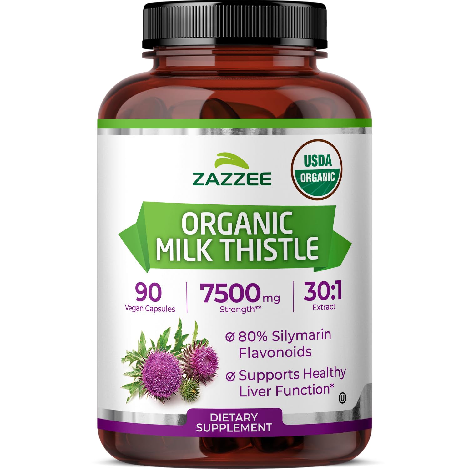 Bottle of Zazzee Organic Milk Thistle 30:1 extract with 90 vegan capsules