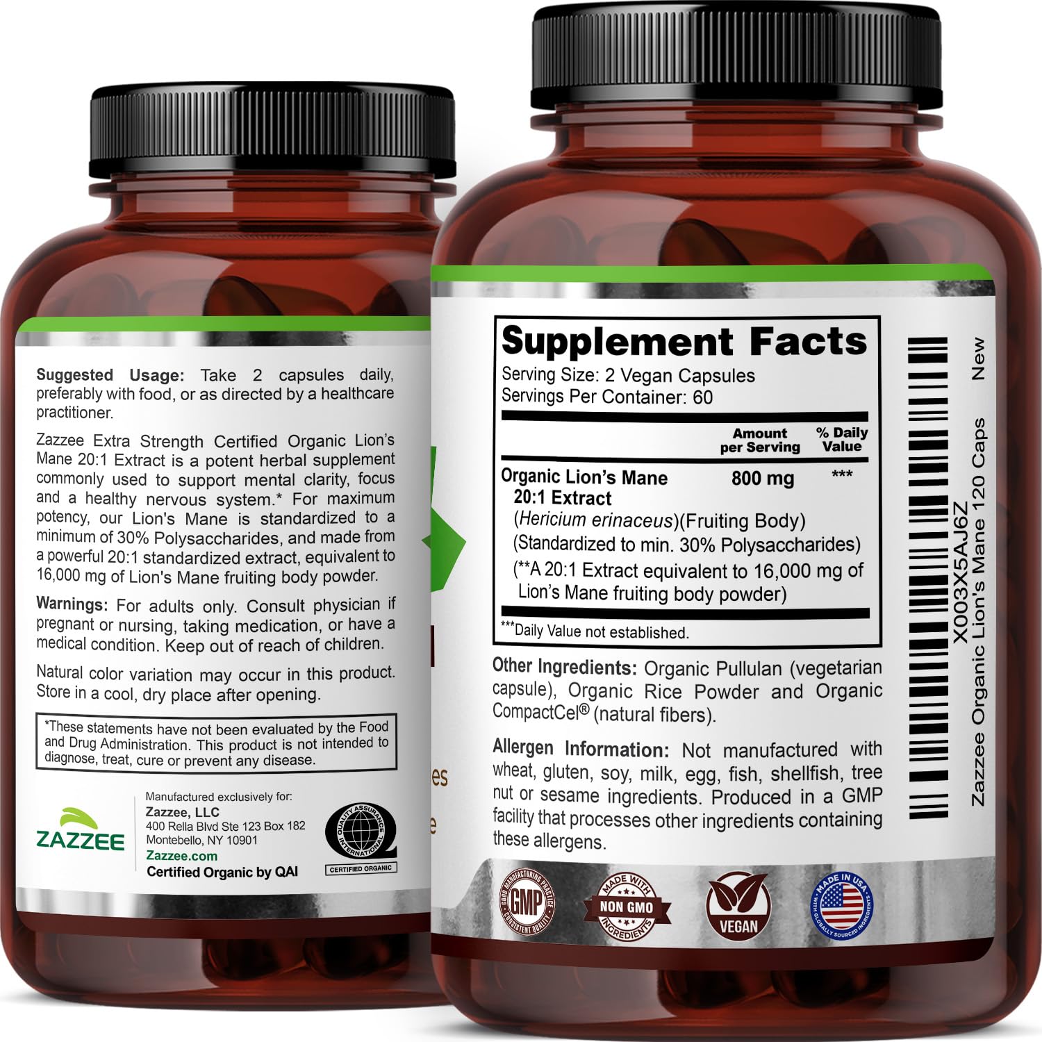Non-GMO, organic Lion's Mane supplement from Zazzee Naturals