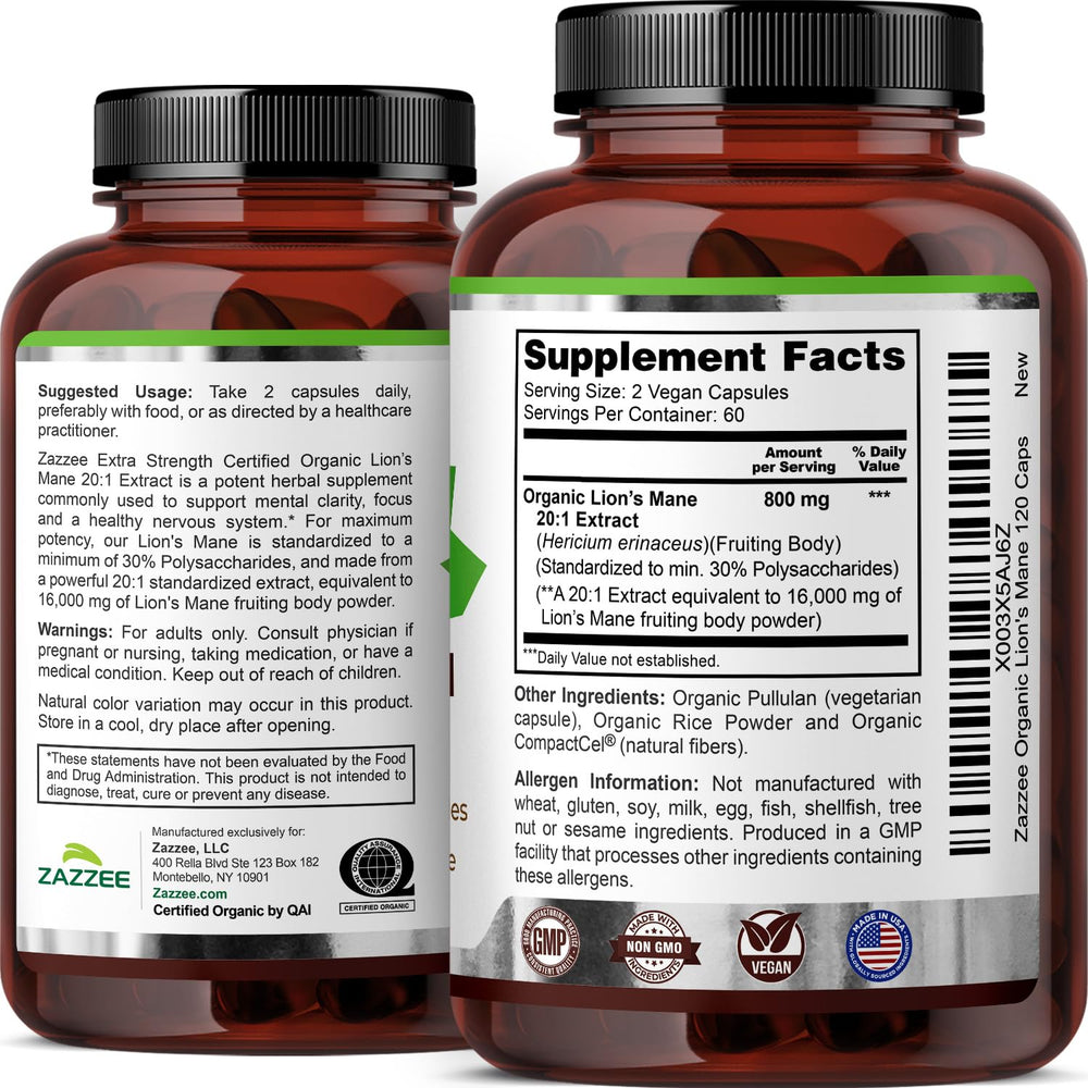 Non-GMO, organic Lion's Mane supplement from Zazzee Naturals