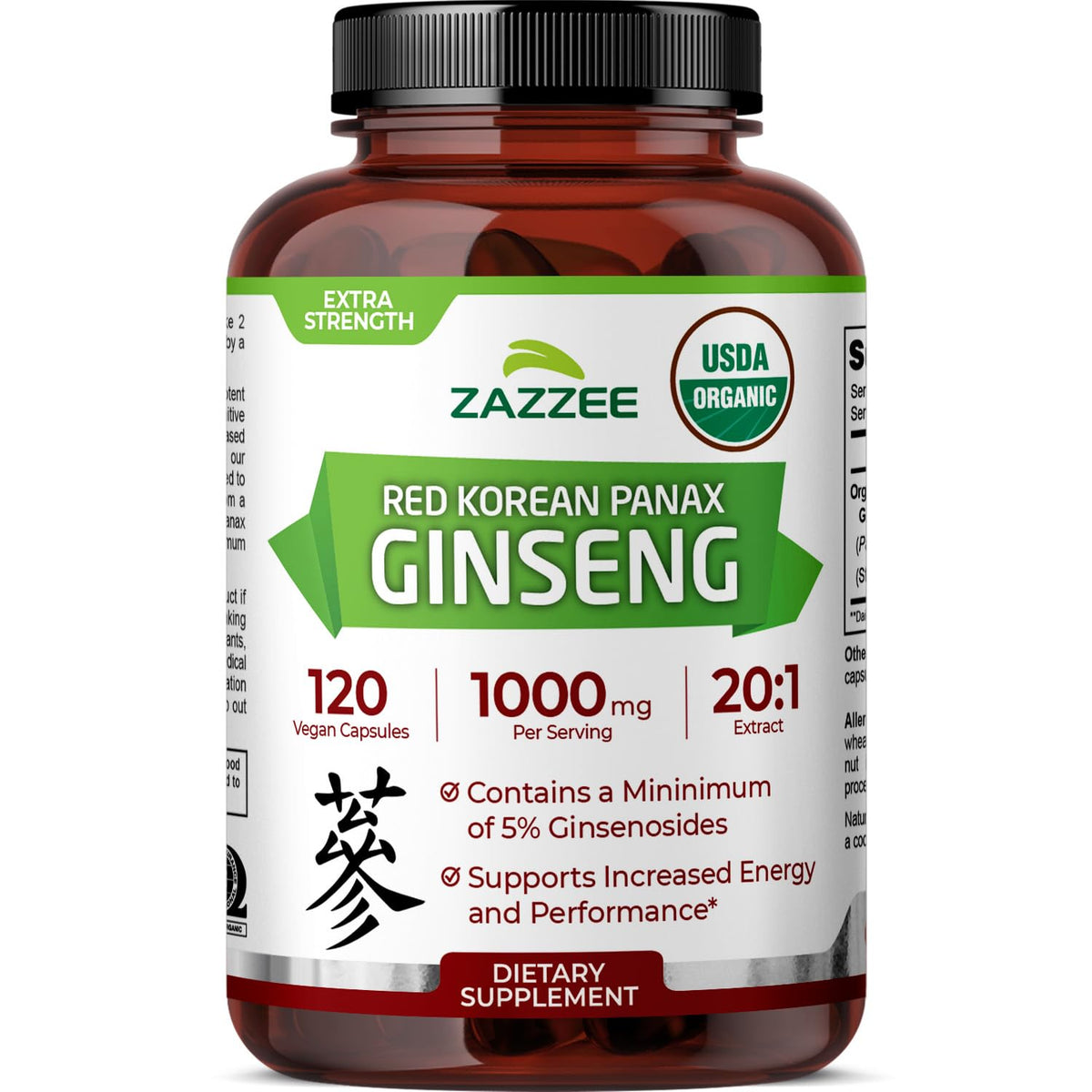 Front view of Zazzee USDA Organic Red Korean Panax Ginseng bottle