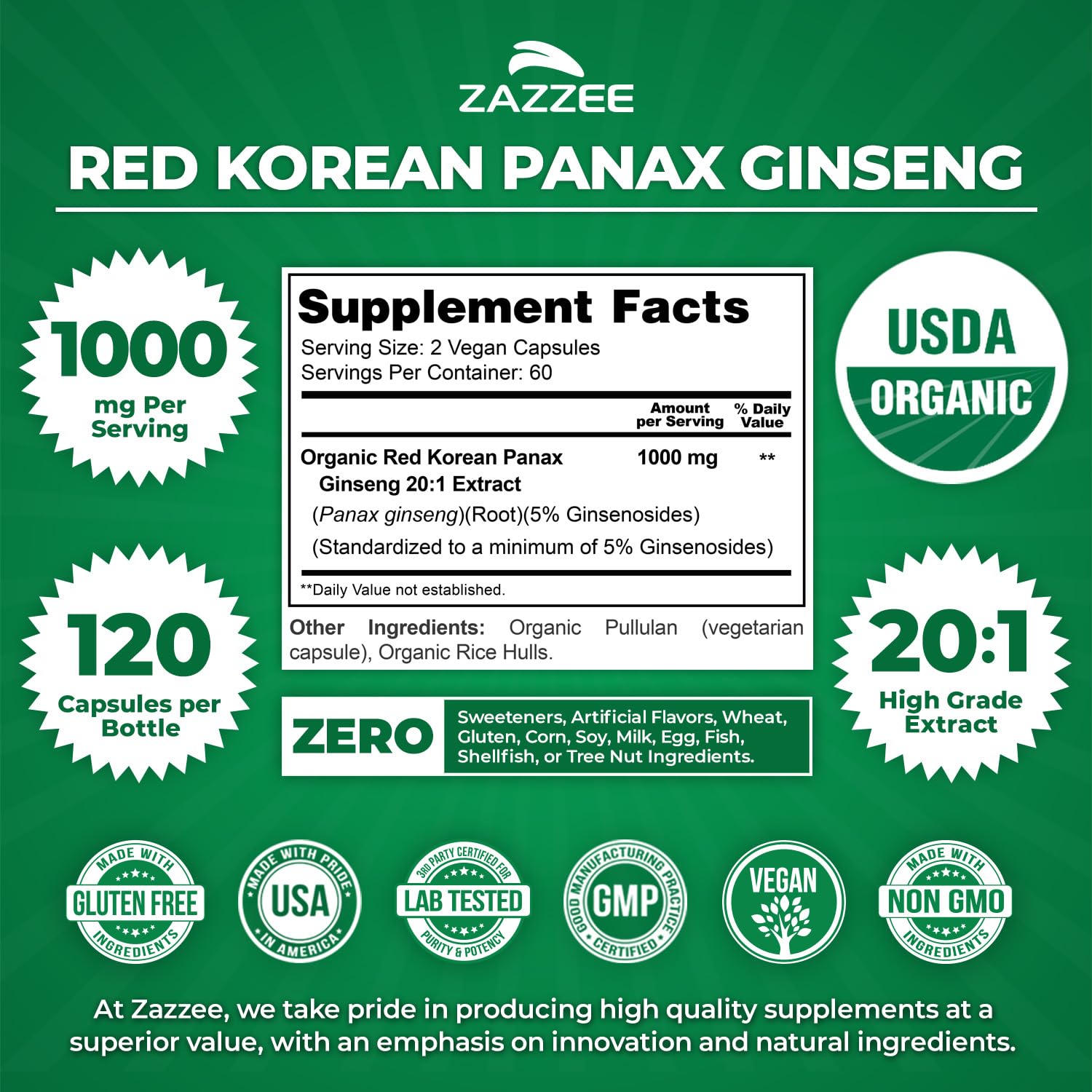 Capsules of Zazzee Organic Red Korean Panax Ginseng