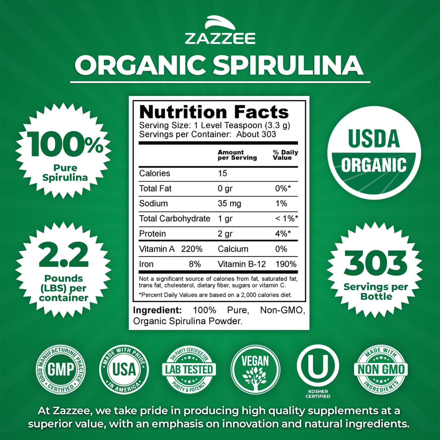 Wide-mouth container opened for easy scooping of Zazzee Organic Spirulina Powder.