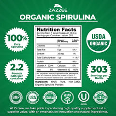 Wide-mouth container opened for easy scooping of Zazzee Organic Spirulina Powder.