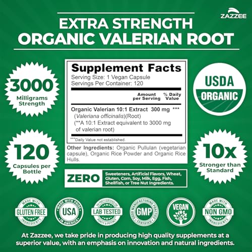 Label showing organic certification on Zazzee Valerian Root bottle