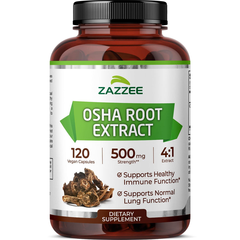 Zazzee OSHA Root 4:1 extract bottle with 120 vegan capsules