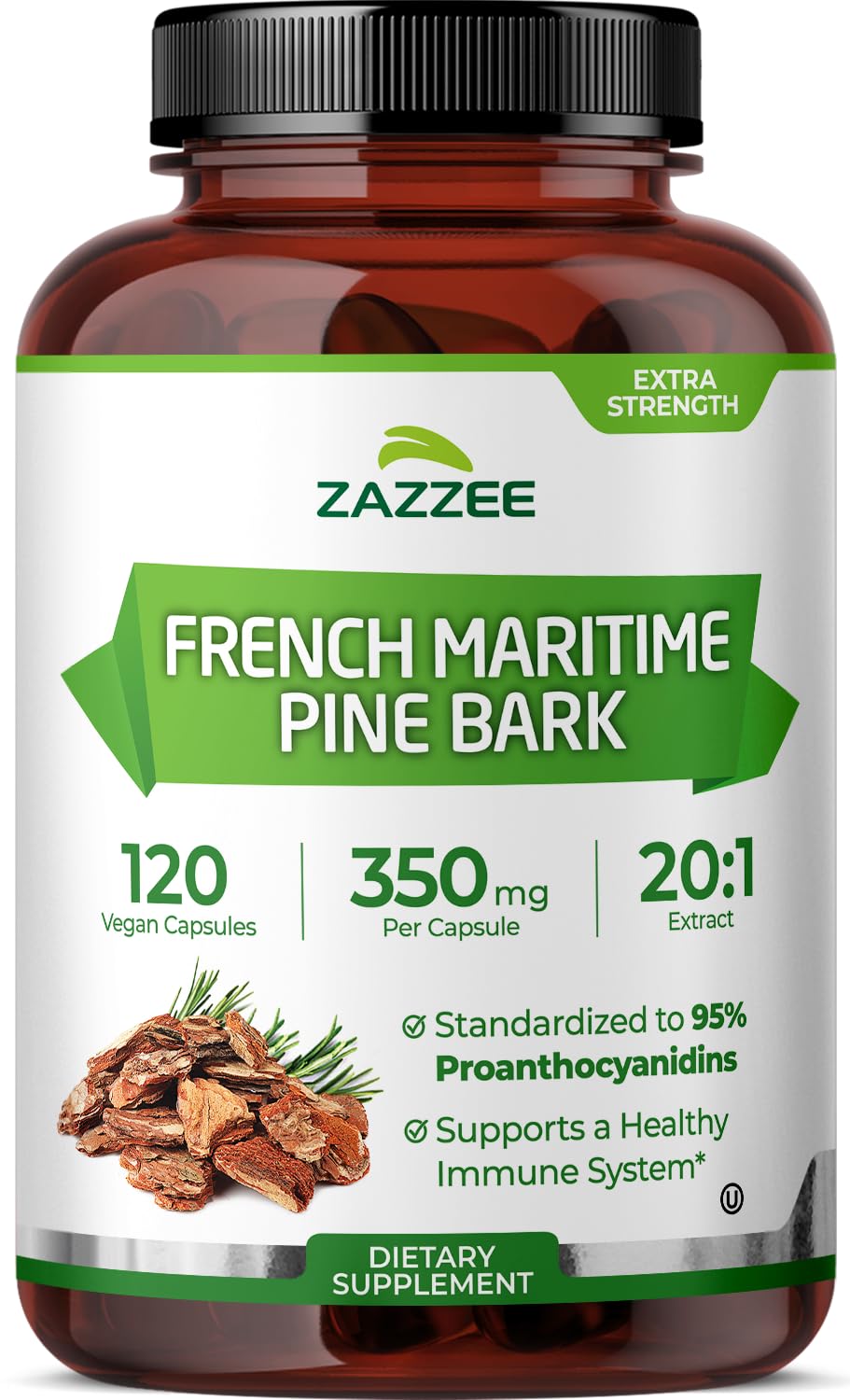 Front view of Zazzee Pine Bark bottle