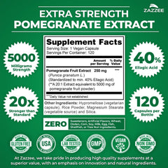 Close-up of Pomegranate Extract label showing 5000 mg and 20x potency.