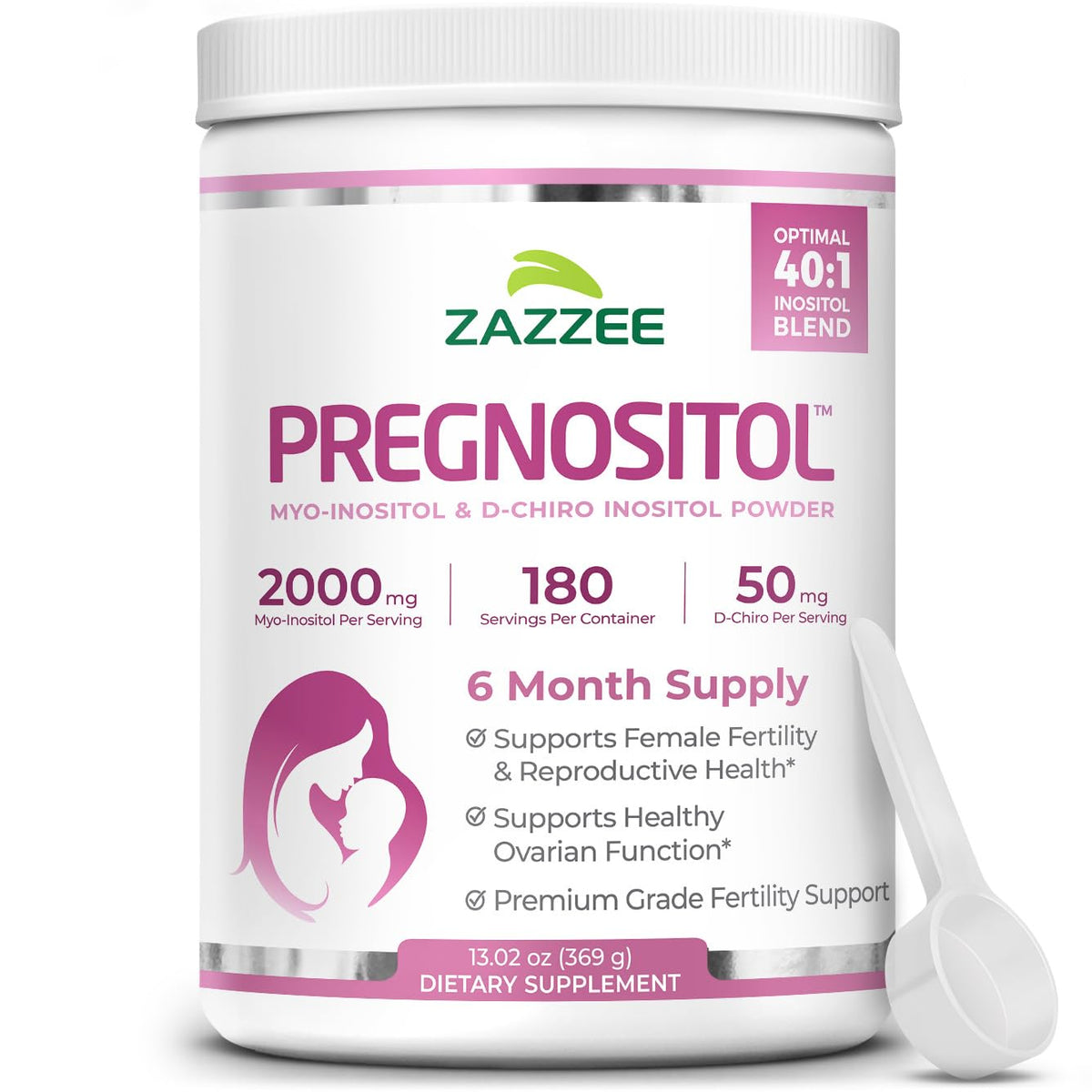 Zazzee PREGNOSITOL powder bottle showing 6-month supply with 183 servings