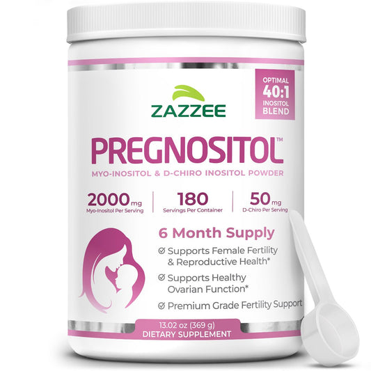 Zazzee PREGNOSITOL powder bottle showing 6-month supply with 183 servings