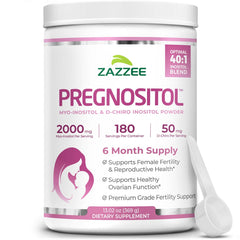 Zazzee PREGNOSITOL powder bottle showing 6-month supply with 183 servings