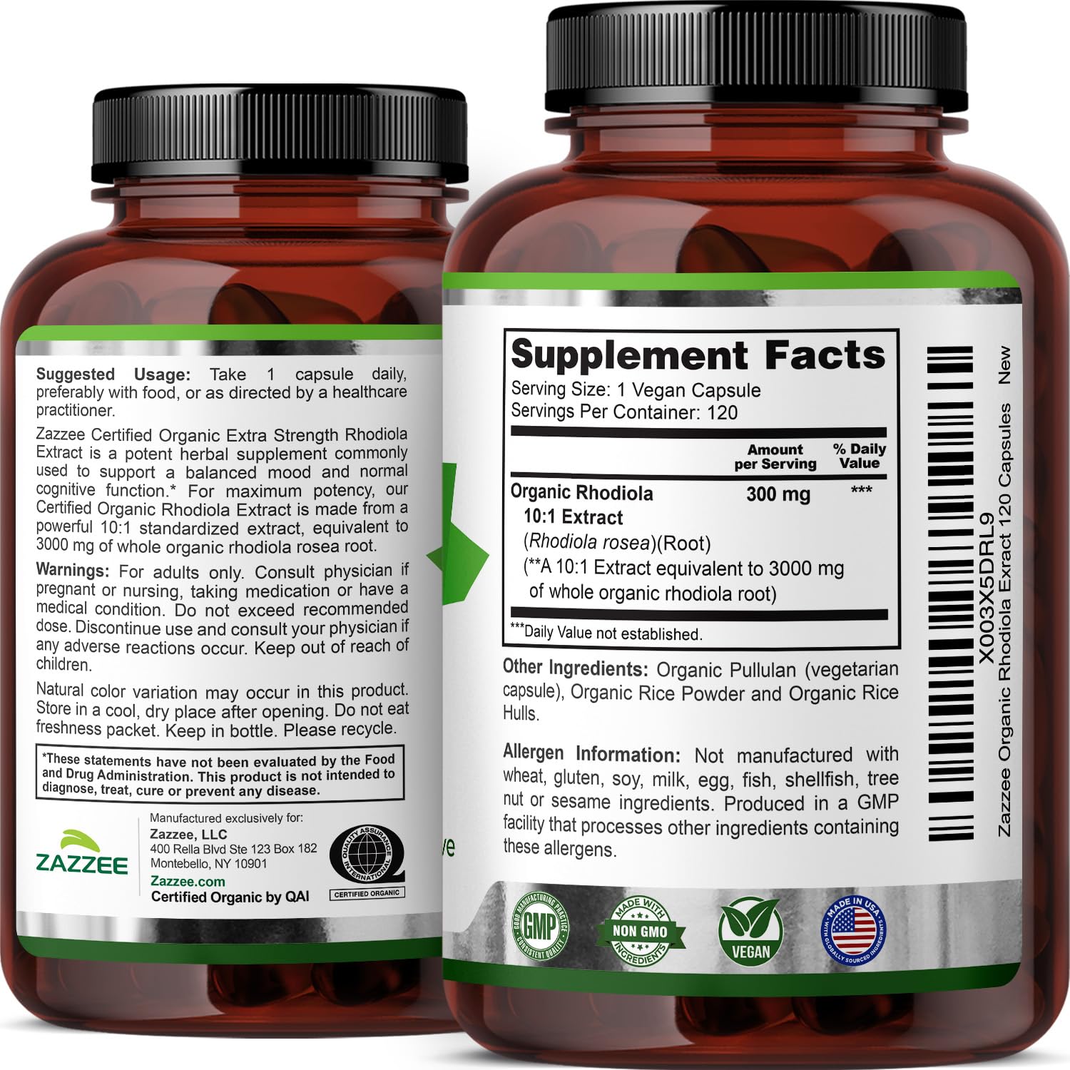 Ingredient label highlighting organic Rhodiola extract