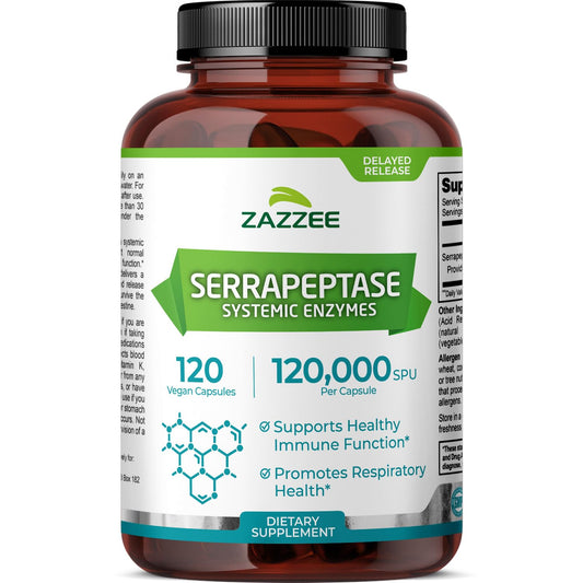 Bottle of Zazzee Delayed Release Serrapeptase with 120 capsules and 120,000 SPU per capsule