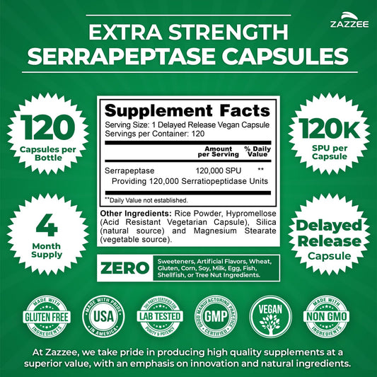 Front view of the 120-count bottle of Zazzee Serrapeptase