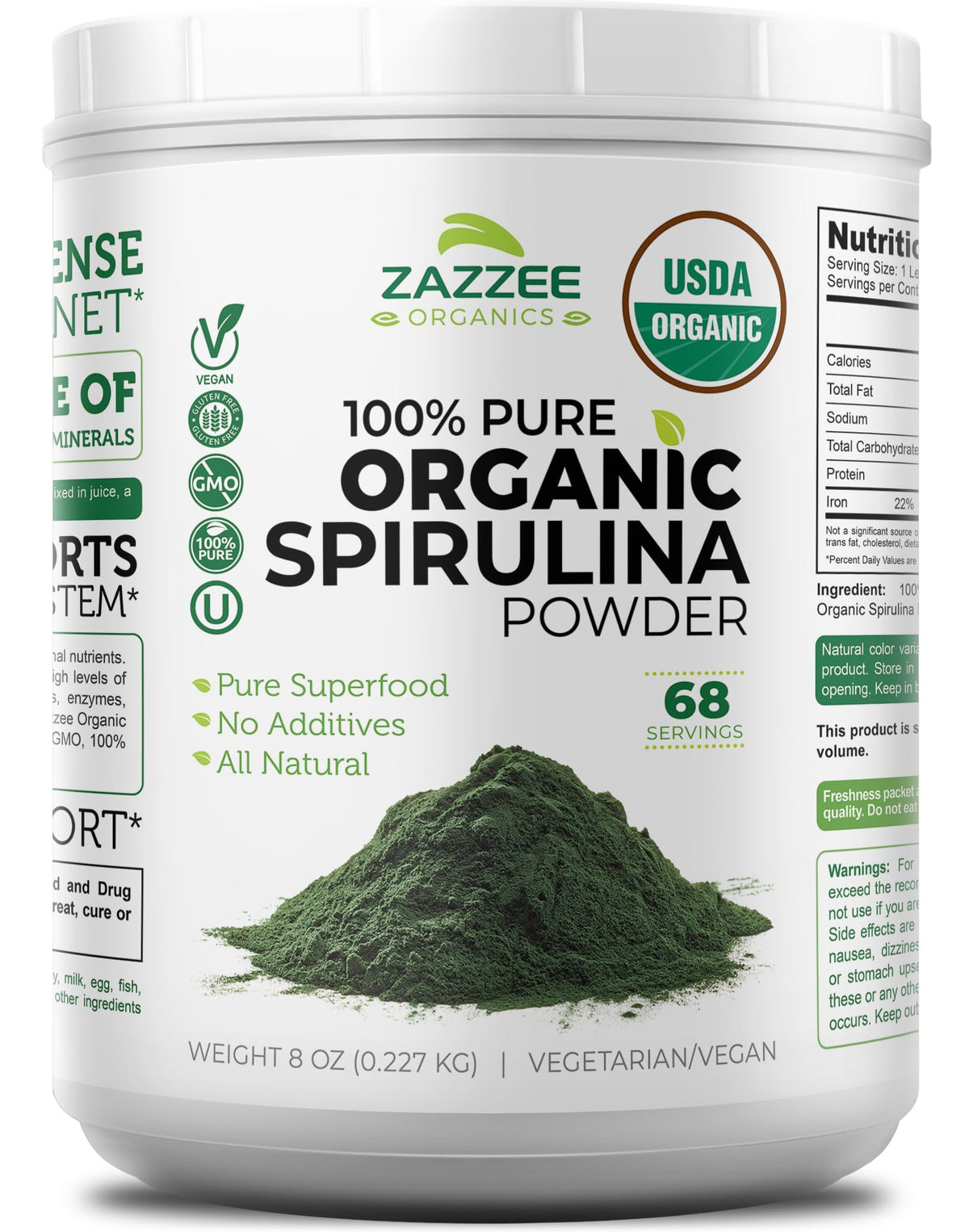 Front view of Zazzee Organic Spirulina Powder 8 oz