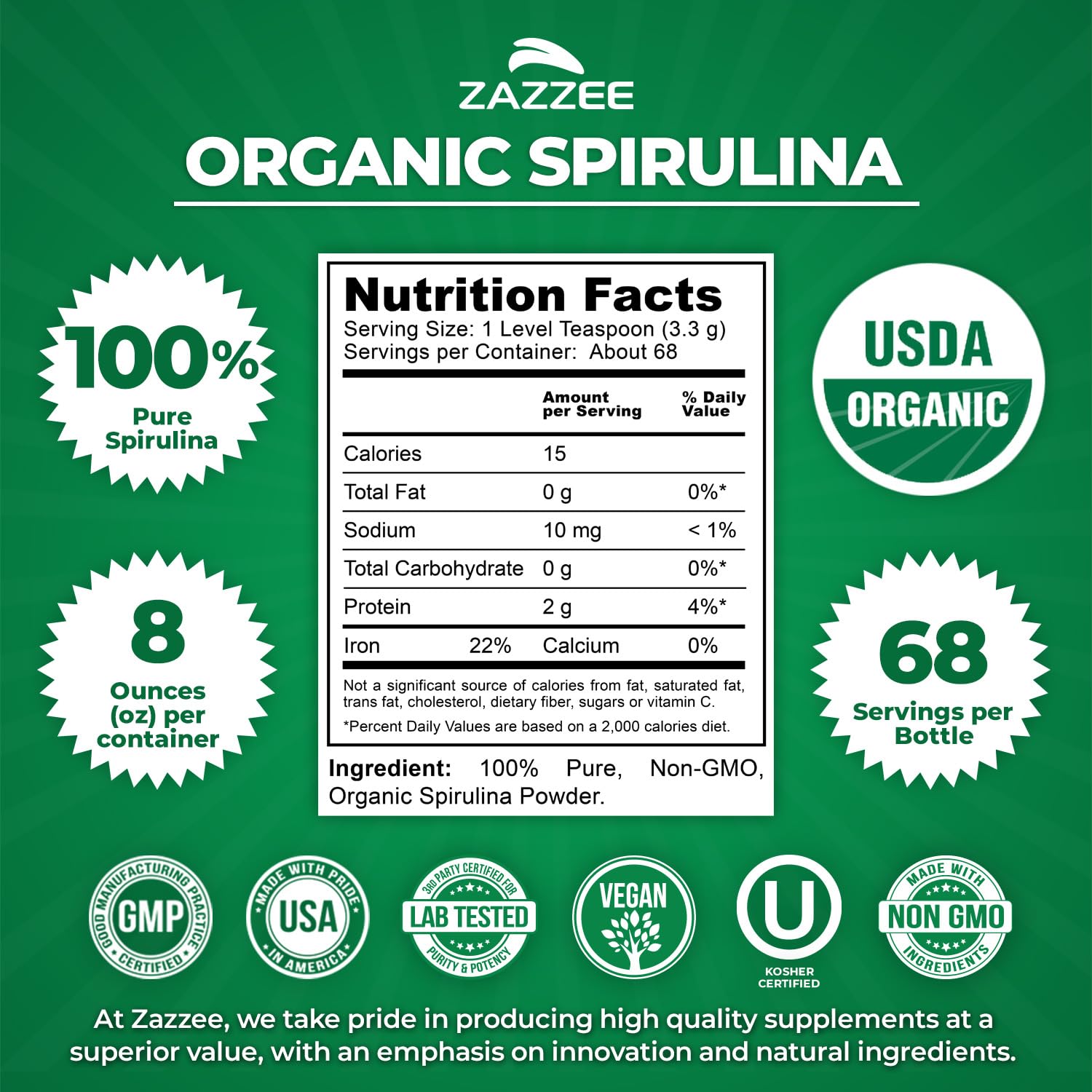 Close-up of spirulina powder container
